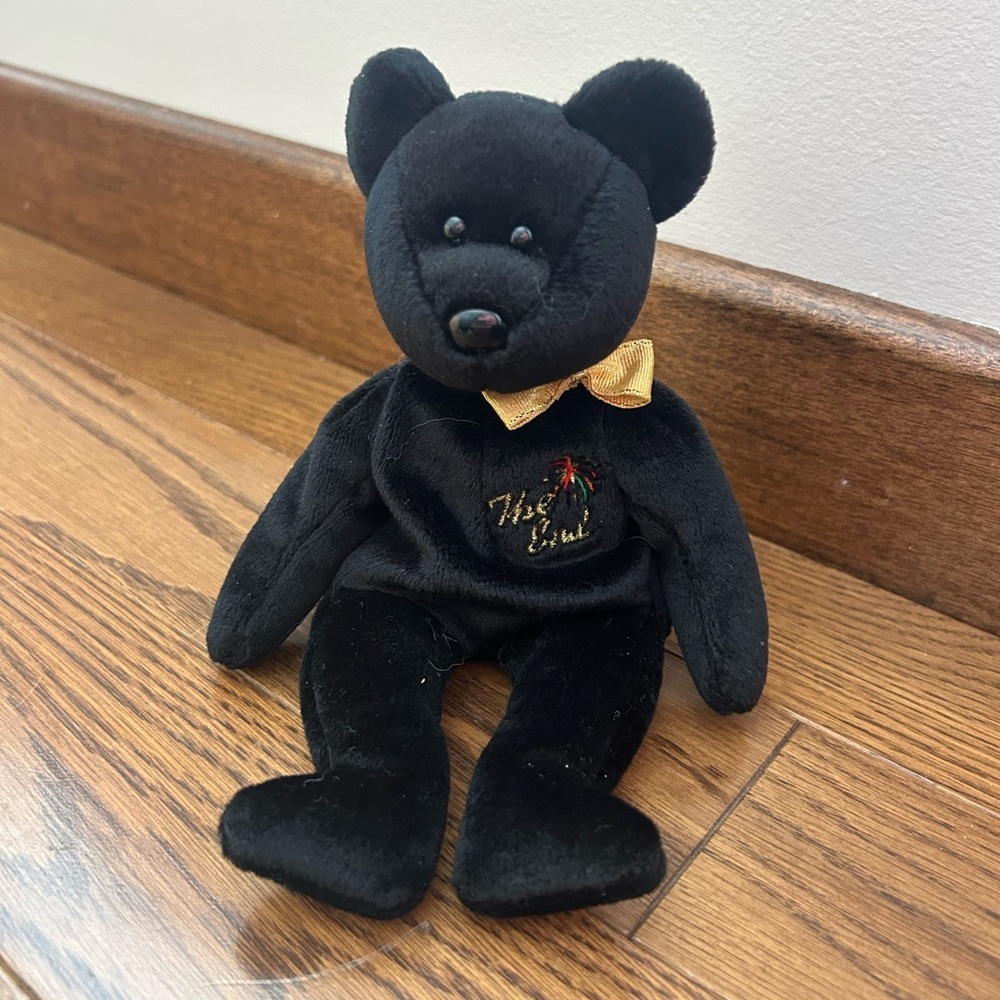 TY Beanie‎ Baby “The End” Black Teddy Bear with Gold Bow